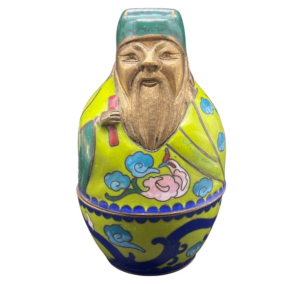Vtg anthropomorphic Cloisonne and brass Trinket box Chinese deity/Philosopher